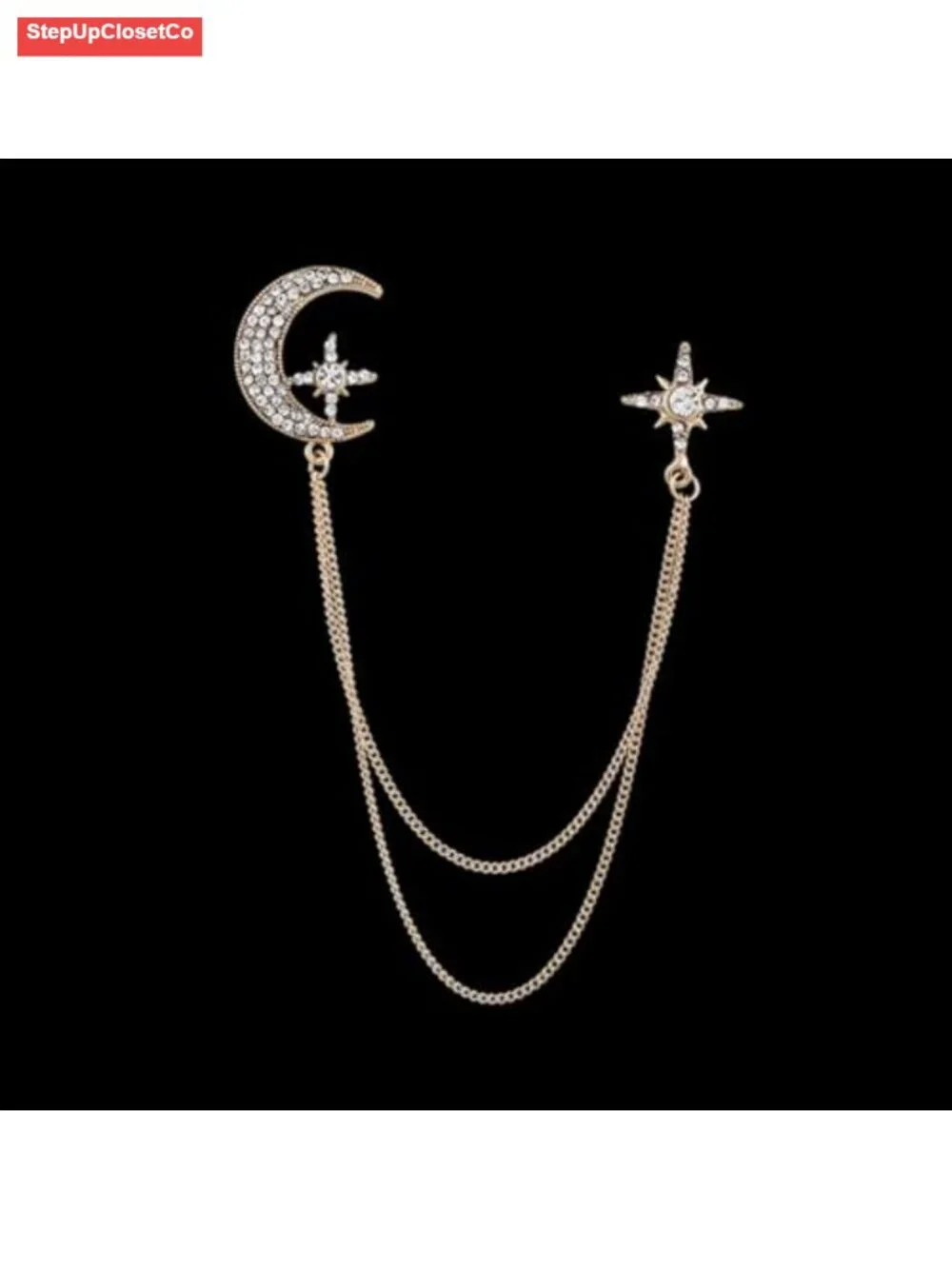 Moon Star Rhinestone Brooch with Gold Tassel Unisex Pins